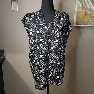 NEW YORK & Company Womens Black White Pattern Classic Blouse Cap Sleeve SMALL